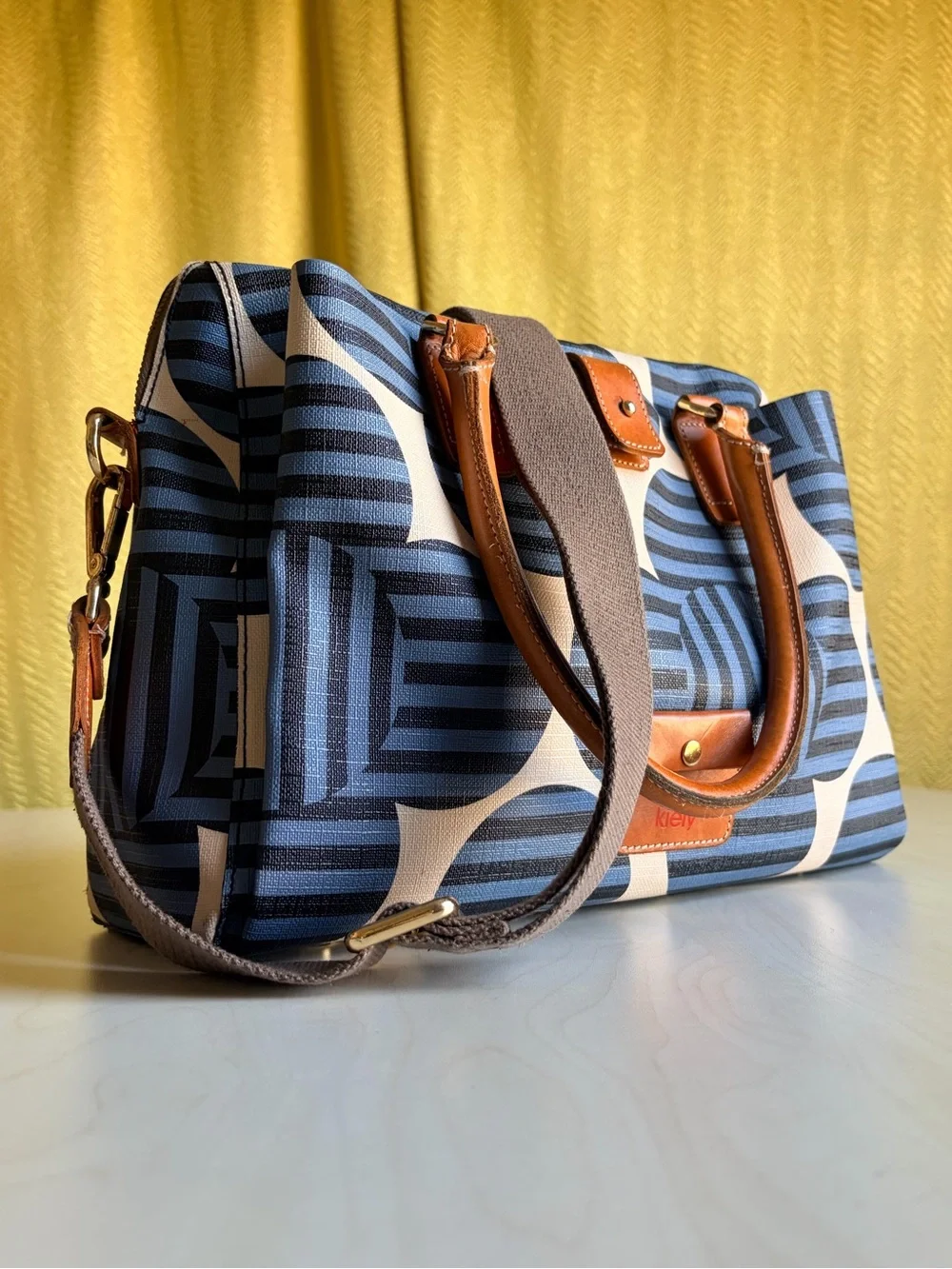 Orla Kiely Blue and Cream Graphic Print Satchel with Tan Trim